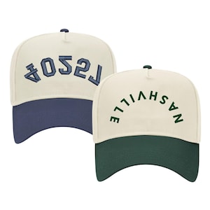 Custom Embroidered Upside Down Vintage Trucker Hat // Custom Upside Down Text Hat 5 Panel Two Tone Embroidered Hat Snapback Hat