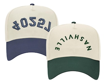 Custom Embroidered Upside Down Vintage Trucker Hat // Custom Upside Down Text Hat 5 Panel Two Tone Embroidered Hat Snapback Hat