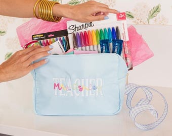 Teacher Embroidered Extra Large Nylon Pouch // Personalized Teacher Gift School Teacher Name Teacher Appreciation Travel Toiletry Bag
