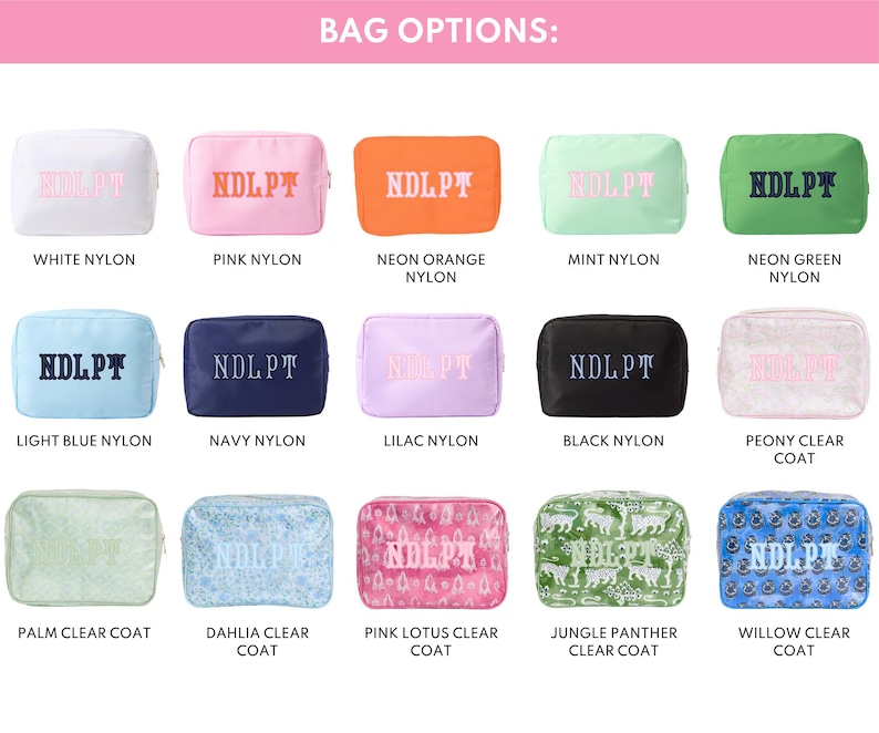 a collection of bag options, each with a different color and pattern, arranged in a grid format.