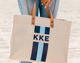 Striped Monogram Weekender // Personalized Name Tote, Bridesmaid Beach Tote Bag, Custom Shoulder Bag, Custom Tote Bag, Gift for Her