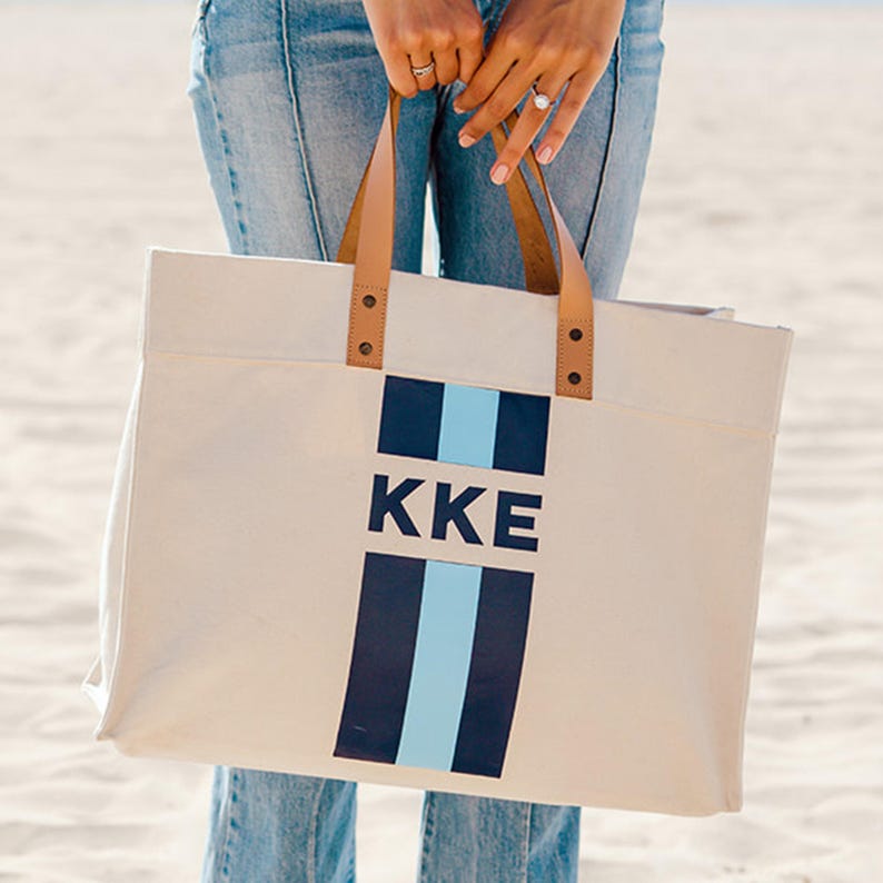 Striped Monogram Weekender // Personalized Name Tote, Bridesmaid Beach Tote Bag, Custom Shoulder Bag, Custom Tote Bag, Gift for Her image 1