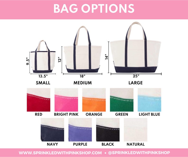 a collection of bag options in different sizes, ranging from small to large, with various colors and patterns. The image also includes a color swatch for each size, allowing customers to visualize the bags in different colors.