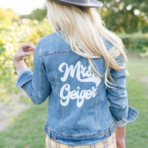 Cursive Last Name Jean Jacket // Custom Wedding Bachelorette Trip Honeymoon Bridal Shower image 4