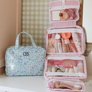 Embroidered Clear Coated Hanging Toiletry Bag // Personalized Floral Makeup Bag, Bridesmaid Gift, Custom Toiletry Bag