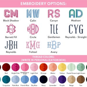 the embroidery options for the embroidery font