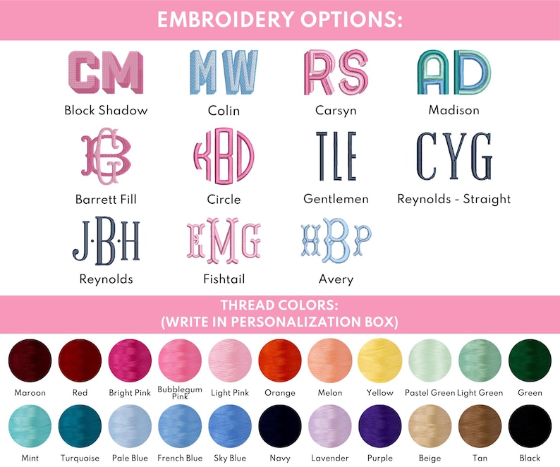 the embroidery options for the embroidery font