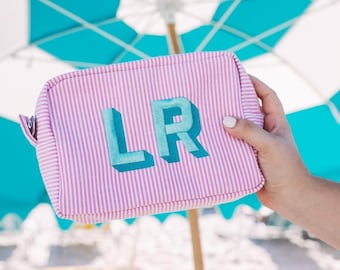 Embroidered Seersucker Makeup Bag // Monogrammed Seersucker Bag, Seersucker Toiletry Bag, Everything Bag, Personalized Travel Bag, Gift