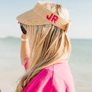Embroidered Straw Visor - Shadow Monogram //  Straw Beach Hat, Monogrammed Visor, Monogram Beach Visor Hat, Shadow Block Monogram Visor