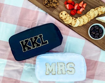 Nylon Pouch with Patches // Nylon Cosmetic Bags, Personalized Bags, Nylon Pouch with Chenille Patches, Monogrammed Toiletry Bags, Gifts