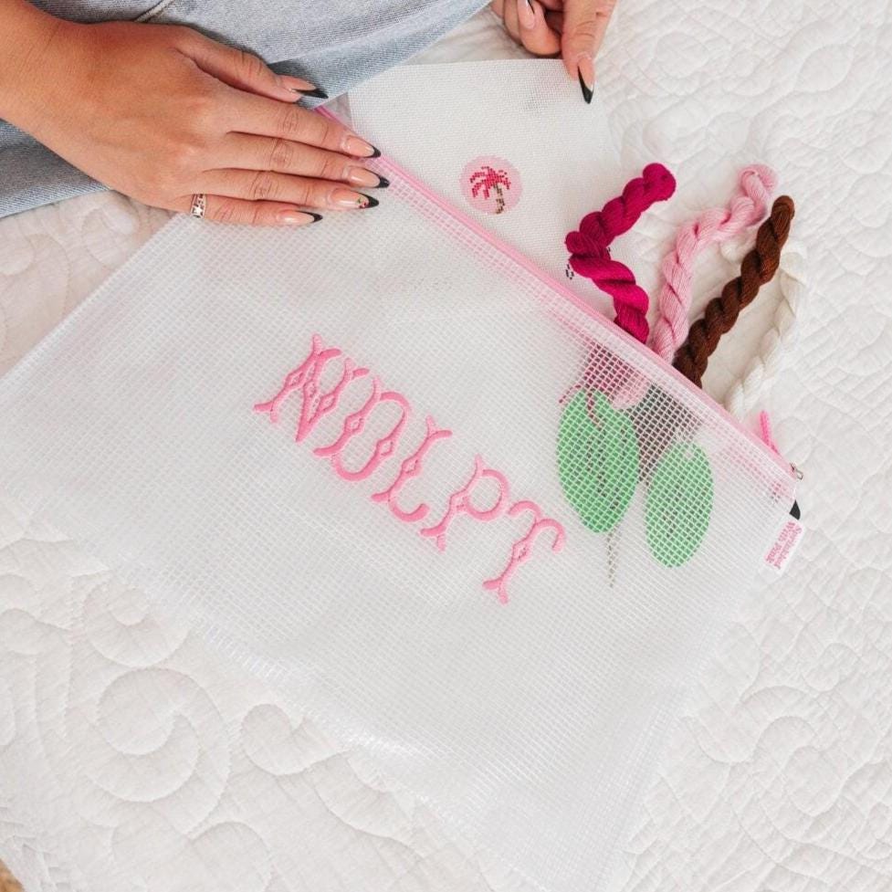 Embroidered Needlepoint NDLPT Project Storage Bag // Pool Bag // Bridesmaids Wedding Custom Bachelorette Name School Everyday