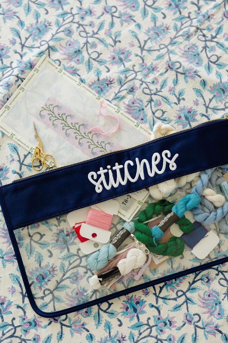 A clear sewing kit with various sewing supplies, including a spool of thread, scissors, and other tools, is placed on a floral patterned fabric.