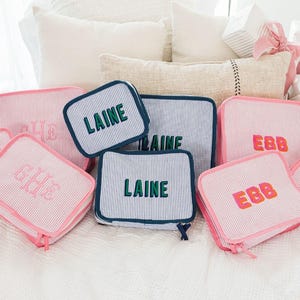 Embroidered Seersucker Packing Cubes (Set Of 3) // Travel Cubes, Clothing Storage, Luggage Suitcase Organizer, Shoes Travel Bag, Travel Gift
