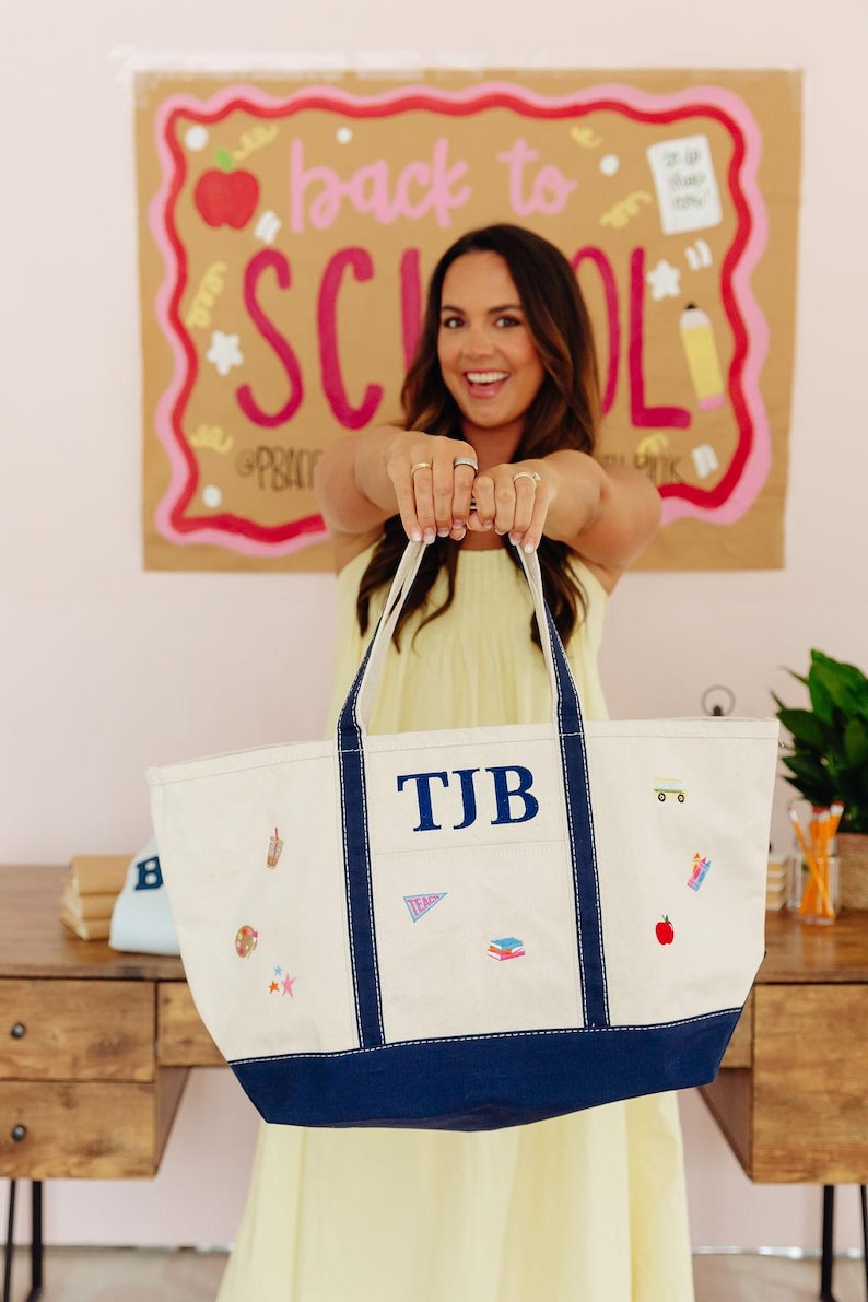 Embroidered Teacher Icon Canvas Tote // Personalized Gift, Teacher Tote Bag, Custom School Bag, Teacher Appreciation, Back to School Totes image 1