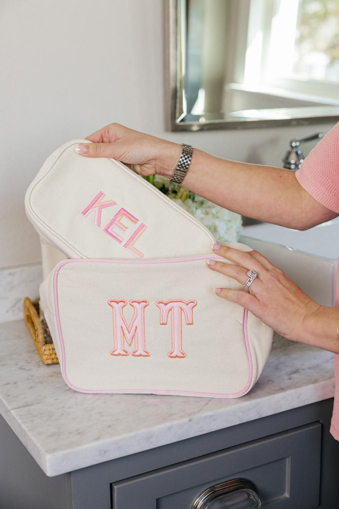 Pink Monogram Makeup Pouch Embroidered Canvas Pouch (large Extra