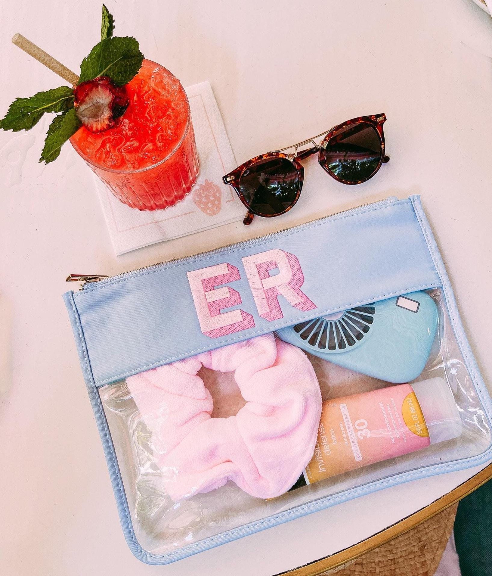 Embroidered Nylon Clear Pouch // Monogram Clear Bag, Monogram Gift, TSA Toiletry Bag Pouch with Zipper, Beach Bridesmaid Gifts Vacation Gift