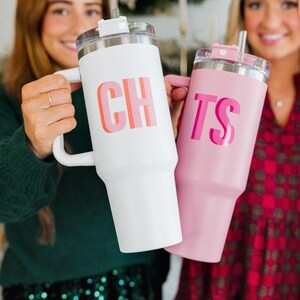 Custom Shadow Monogram 40 oz Tumbler // Tumbler with Handle, Personalized Tumbler, Bachelorette, Bridesmaid Gift, Monogram Insulated Tumbler