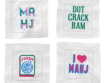 Mahjong Cocktail Napkins (Set of 4) // Mahjong Gifts, Mah Jongg, Mahj, Embroidered Coasters, Linen Embroidered Set of 4, Bar Cart Decor
