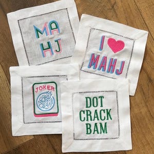 Mahjong Cocktail Napkins (Set of 4) // Mahjong Gifts, Mah Jongg, Mahj, Embroidered Coasters, Linen Embroidered Set of 4, Bar Cart Decor
