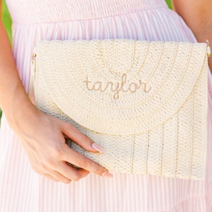 Embroidered Straw Clutch