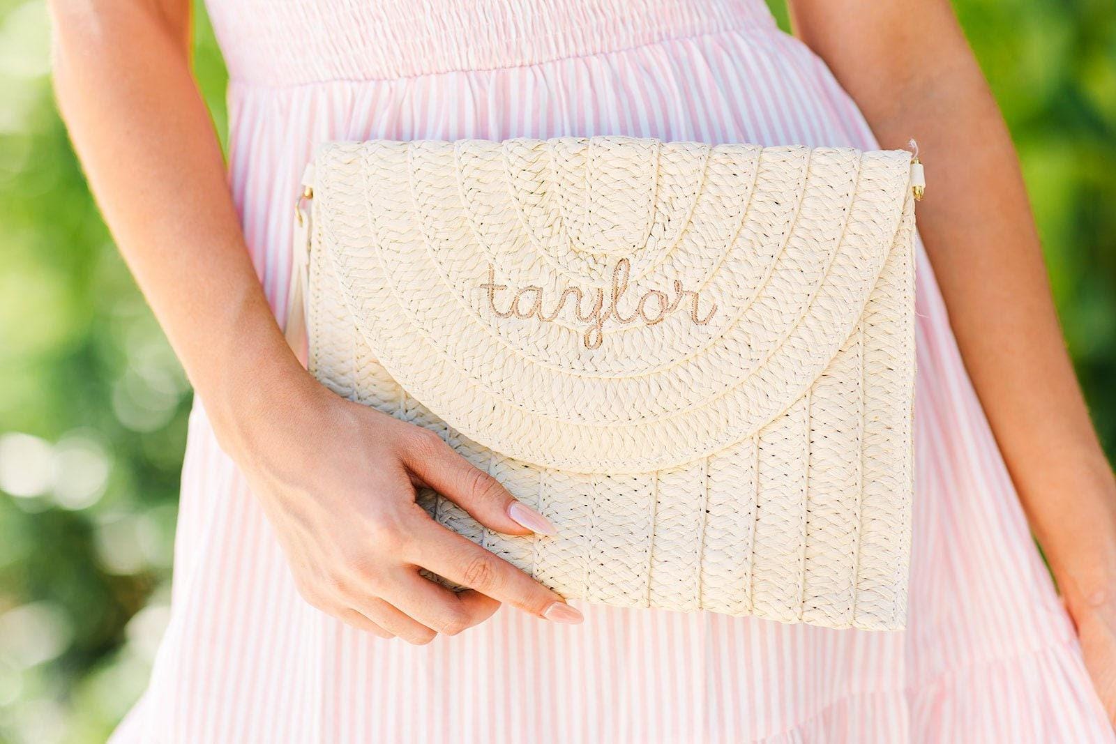 Embroidered Straw Clutch