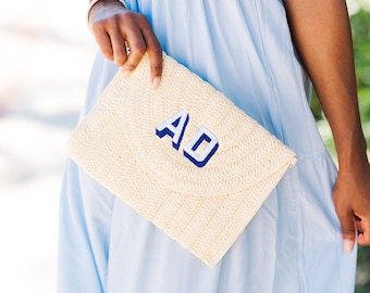 Embroidered Straw Clutch