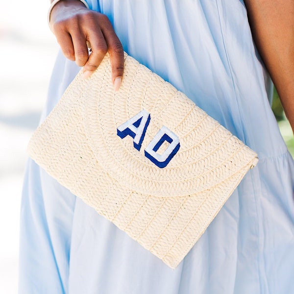 Embroidered Straw Clutch