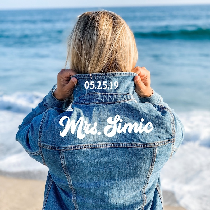 Cursive Last Name Jean Jacket // Custom Wedding Bachelorette Trip Honeymoon Bridal Shower image 6