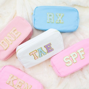 Nylon Pouch with Patches // Custom Nylon Pouch, Chenille Patch Makeup Bag, Travel Toiletry Bags, Cosmetic Bag, Gift Pouch, Bridesmaid Gift