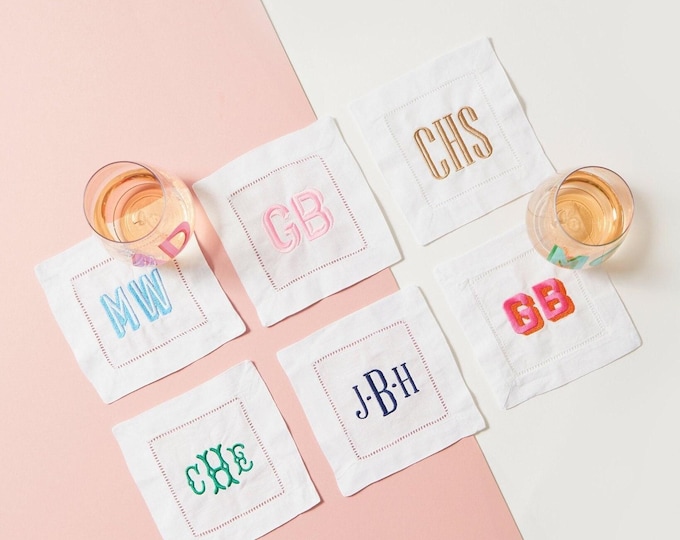 Embroidered Monogram Cocktail Napkins (Set of 4) // Hemstitch Monogrammed Linen Napkins, Custom Wedding Napkins, Hostess Gift, Wedding Gifts