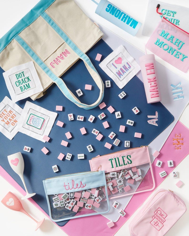 Bestickte Mahjong Nylon Tasche // Mahjong Tile Bag, Mahjong Zubehör, Aufbewahrungstasche, Kartenhalter, Mahjong Tasche, Mah Jongg, Mahj Bild 8