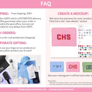 The image is a promotional flyer for a company called SprinkledwithPINShop. It features various products such as a blue shirt, a pink and white checkered shirt, and a pink and white checkered shirt, along with a mockup of a monogram created using the letters "CHS". The flyer also includes information about shipping options, rush orders, and corporate gifting.