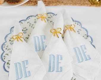 Embroidered Monogram Dinner Napkin Set // Monogrammed Wedding Napkin, Custom Linen Napkin, Hemstitched Linen Napkin, Housewarming Gift