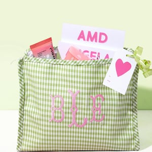 Embroidered TRVL Roadie // Personalized Makeup Bag Embroidered Gift for Her Custom Toiletry Bag Gingham Cosmetic Case Kids Storage Bag Gift