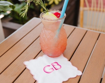 Embroidered Monogram Scalloped Cocktail Napkins (Set of 4) // Monogrammed Linen Napkins, Custom Wedding Napkins, Hostess Gift, Wedding Gift