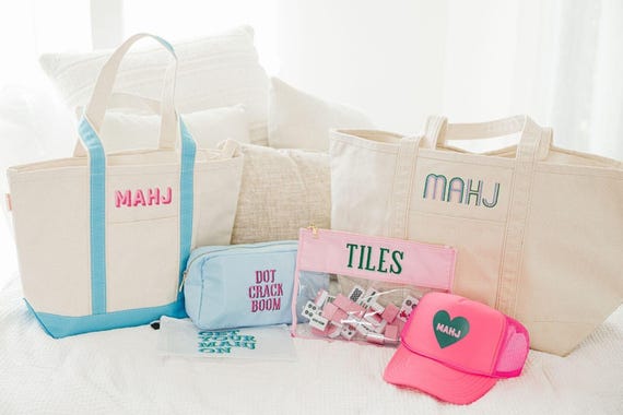SilTriangle 2-Piece Mahjong Tile Tote Set – Embroidered Canvas, Large & Extra Large Bags For Tiles & Accessories