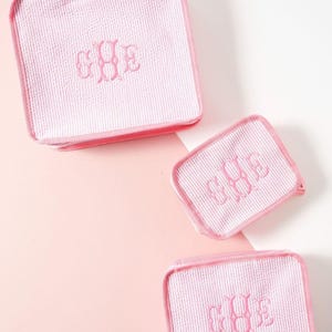 Embroidered Seersucker Packing Cubes (Set Of 3) // Travel Cubes, Clothing Storage, Luggage Suitcase Organizer, Shoes Travel Bag, Travel Gift