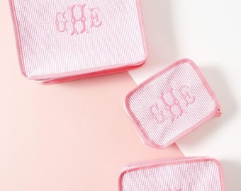 Embroidered Seersucker Packing Cubes (Set Of 3) // Travel Cubes, Clothing Storage, Luggage Suitcase Organizer, Shoes Travel Bag, Travel Gift