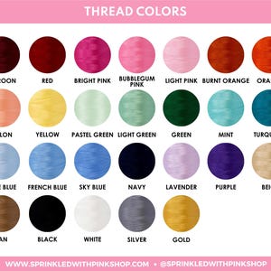 May include: A color chart displaying thread colors, including maroon, red, bright pink, and orange. Other colors include yellow, green, blue, and gold. The text "THREAD COLORS" is at the top, with the website and social media handle at the bottom.