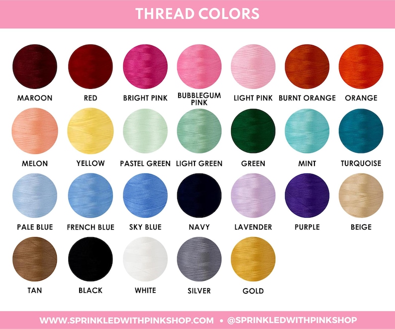 May include: A color chart displaying thread colors, including maroon, red, bright pink, and orange. Other colors include yellow, green, blue, and gold. The text "THREAD COLORS" is at the top, with the website and social media handle at the bottom.