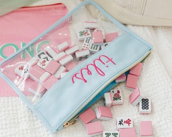 Embroidered Mahjong Nylon Clear Pouch // Mahjong Tile Bag, Mahjong Accessories, Storage Bag, Cardholder Pouch, Mahjong Bag, Mah Jongg, Mahj