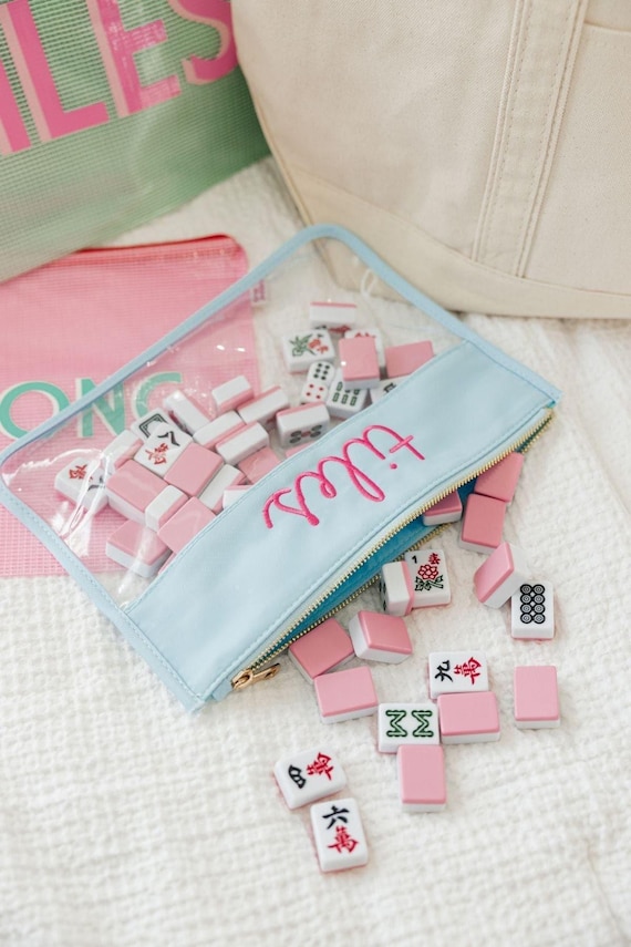 Embroidered Mahjong Nylon Clear Pouch // Mahjong Tile Bag, Mahjong Accessories, Storage Bag, Cardholder Pouch, Mahjong Bag, Mah Jongg, Mahj