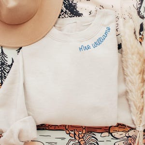 Custom Embroidered Collar/Sleeve Sweatshirt // Personalized Bride Sweatshirt Custom Date Embroidered Bride Sweater Bridal Shower Engagement