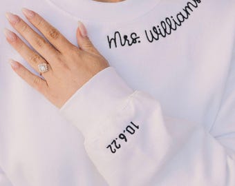 Custom Embroidered Collar/Sleeve Sweatshirt // Personalized Gift For Bride, Bride Sweatshirt, Custom Engagement Gift, Future Mrs Sweatshirt