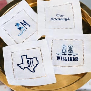 Embroidered Texas Monogram Cocktail Napkins (Set of 4) // Texas Themed Linen Cocktail Napkins, Hostess Gift, Monogram Coasters, Housewarming