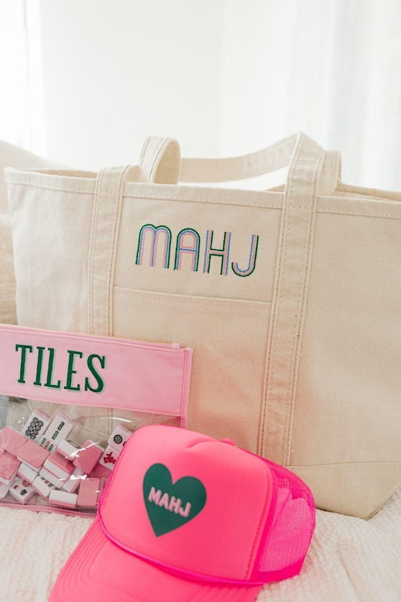 Embroidered Mahjong Canvas Tote // Large Mahjong Bag, Travel Tote, Mahjong Tile Bag, Mahjong Lover, Mahjong Accessories, Overnight Carryall