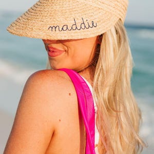 Embroidered Straw Visor - Script Name // Personalized Straw Visor, Monogram Beach Hat, Bridesmaid Gift, Beach Visor, Bachelorette Party Hat