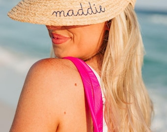 Embroidered Straw Visor - Script Name // Personalized Straw Visor, Monogram Beach Hat, Bridesmaid Gift, Beach Visor, Bachelorette Party Hat
