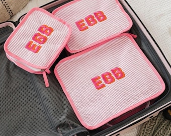 Embroidered Seersucker Packing Cubes (Set Of 3) // Travel Cubes, Clothing Storage, Luggage Suitcase Organizer, Shoes Travel Bag, Travel Gift