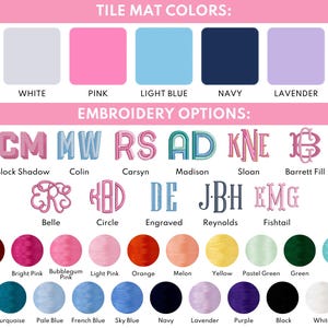 a collection of embroidery color options for lettering, including various shades of pink, blue, green, navy, lavender, and white. The options are presented in a visually appealing manner, with the colors and their corresponding names clearly labeled.